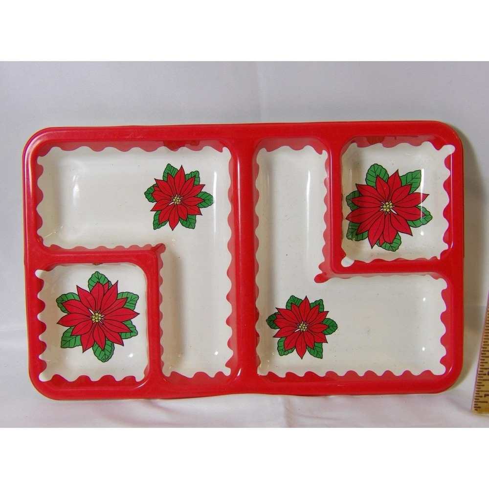 Vtg Artform Industries Plastic Sectioned Chip & Dip Snack‎ Tray Poinsettia Korea